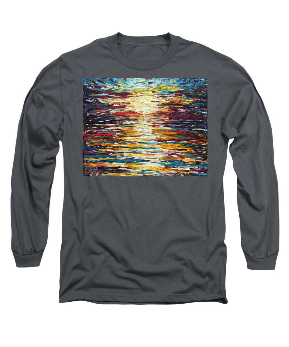 Sunset Long Sleeve T-Shirt featuring the painting Coloured Sunset at Croyde Bay by Pete Caswell