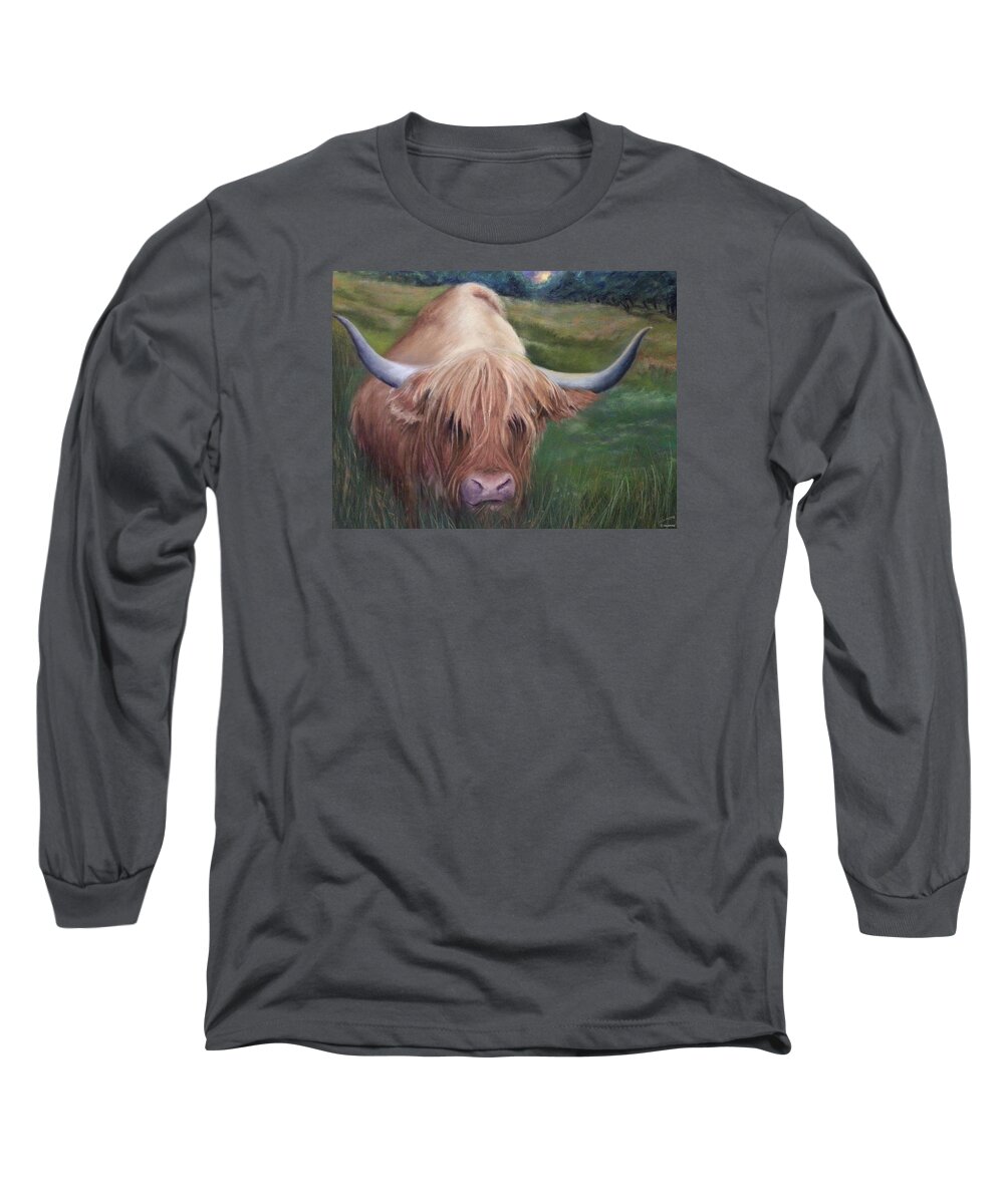 Scotland Scottish Highland Coo Cow Red Hairy Horns Moo Shaggy Meadow Natural Animal Long Sleeve T-Shirt featuring the pastel Coo by Brenda Salamone