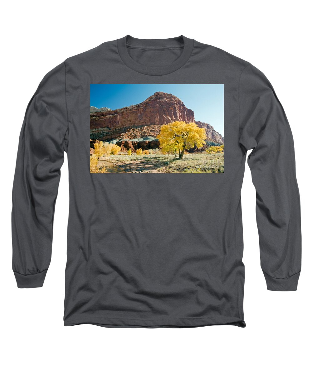 Autumn Long Sleeve T-Shirt featuring the photograph Cottonwoods in Fall The CastleCapitol Reef National Park by Fred Stearns