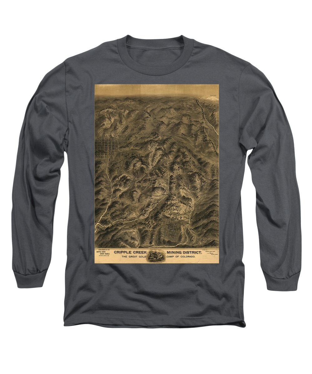 Map Long Sleeve T-Shirt featuring the drawing Antique Map - Cripple Creek Mining District Birdseye Map - 1895 by Eric Glaser