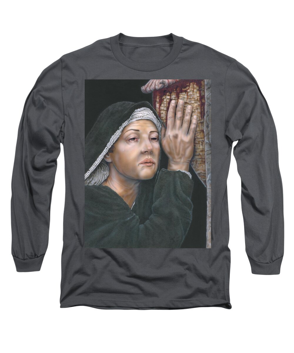 Portrait Long Sleeve T-Shirt featuring the painting Crucifixion- Mothers Pain by Wayne Pruse