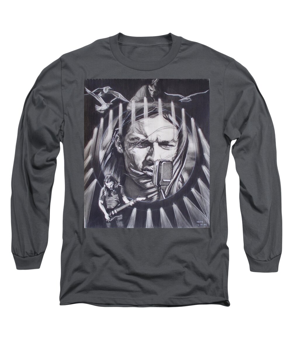 Charcoal Pencil On Paper Long Sleeve T-Shirt featuring the drawing David Gilmour Of Pink Floyd - Echoes by Sean Connolly