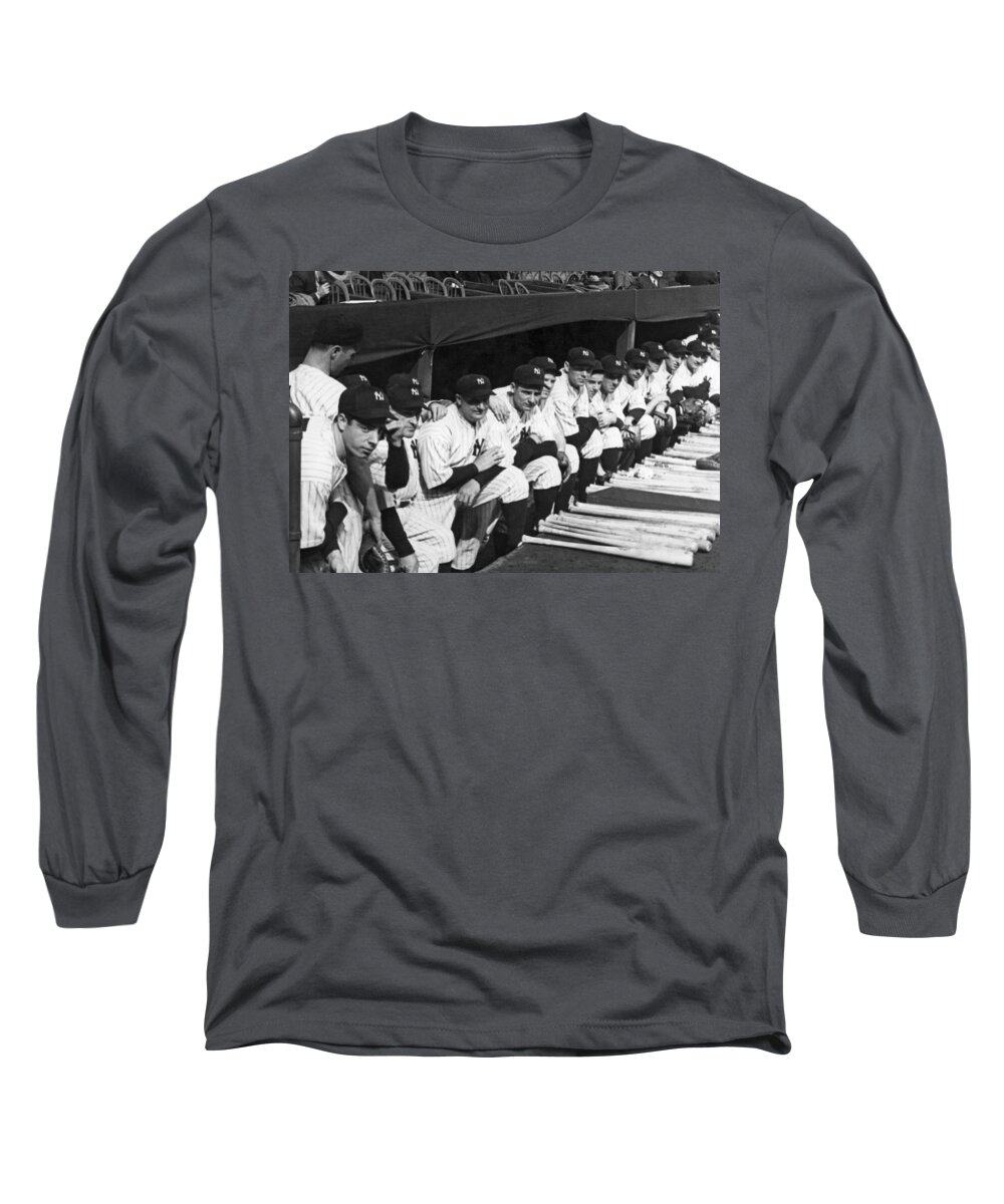 1937 Long Sleeve T-Shirt featuring the photograph DiMaggio In Yankee Dugout by Underwood Archives