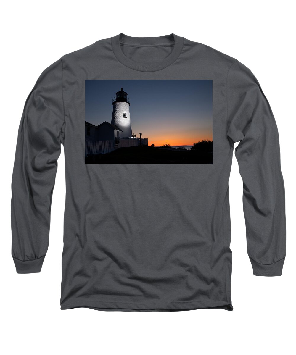 Maine Long Sleeve T-Shirt featuring the photograph Dramatic Lighthouse Sunrise by Kyle Lee