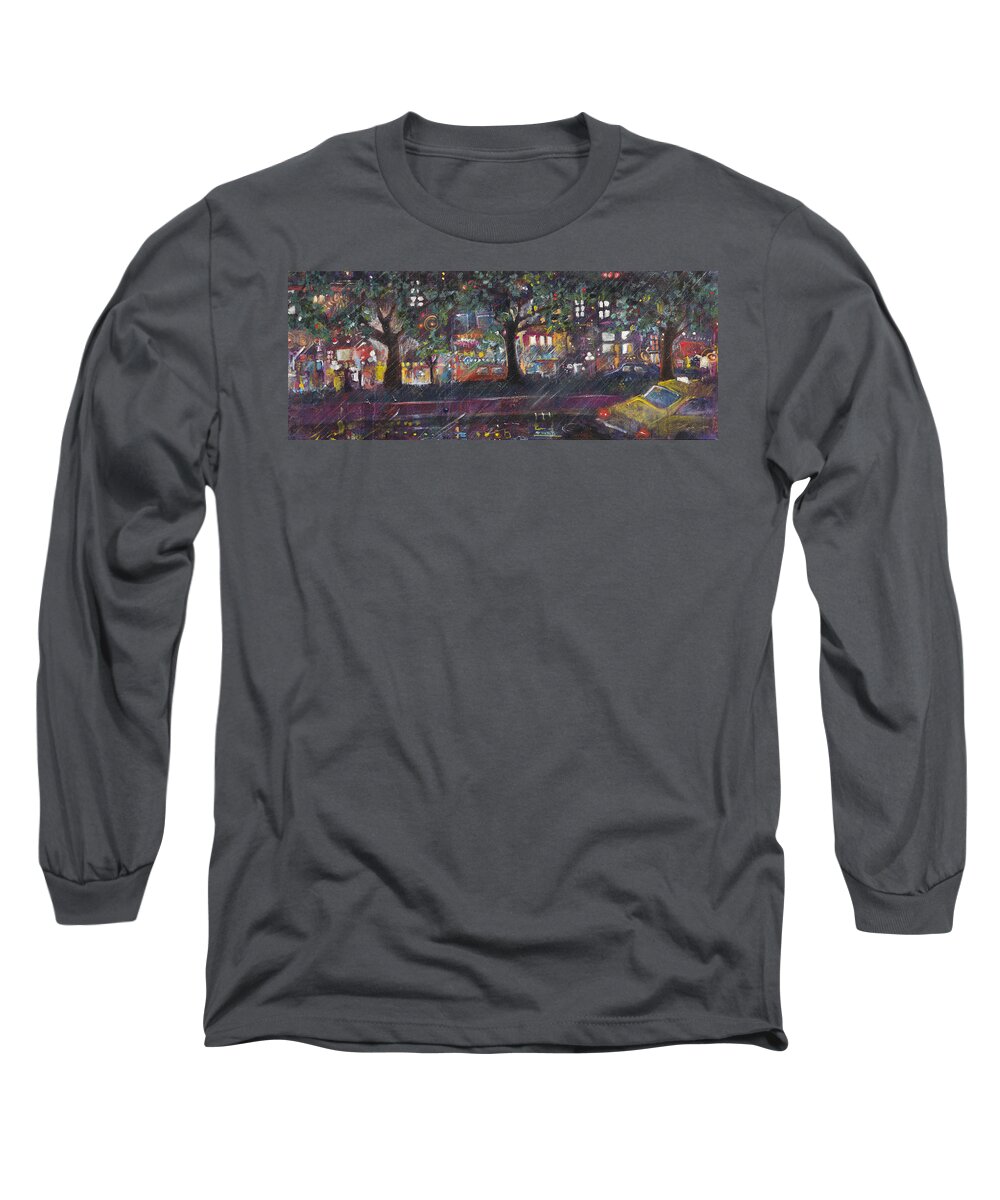 Cityscape Long Sleeve T-Shirt featuring the painting Dupont in the Rain by Leela Payne