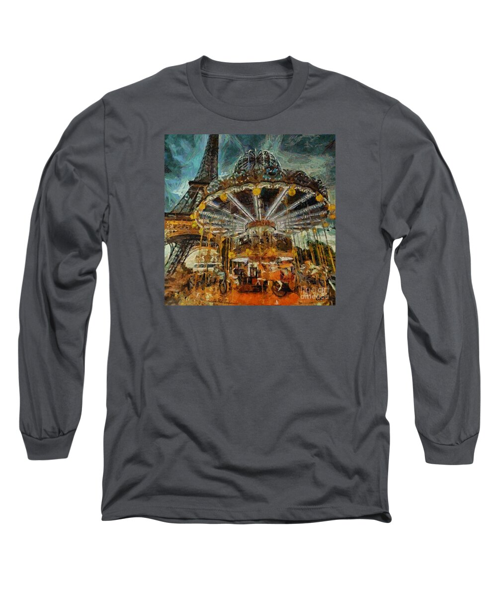 Eiffel Tower Long Sleeve T-Shirt featuring the painting Eiffel Tower Carousel by Dragica Micki Fortuna