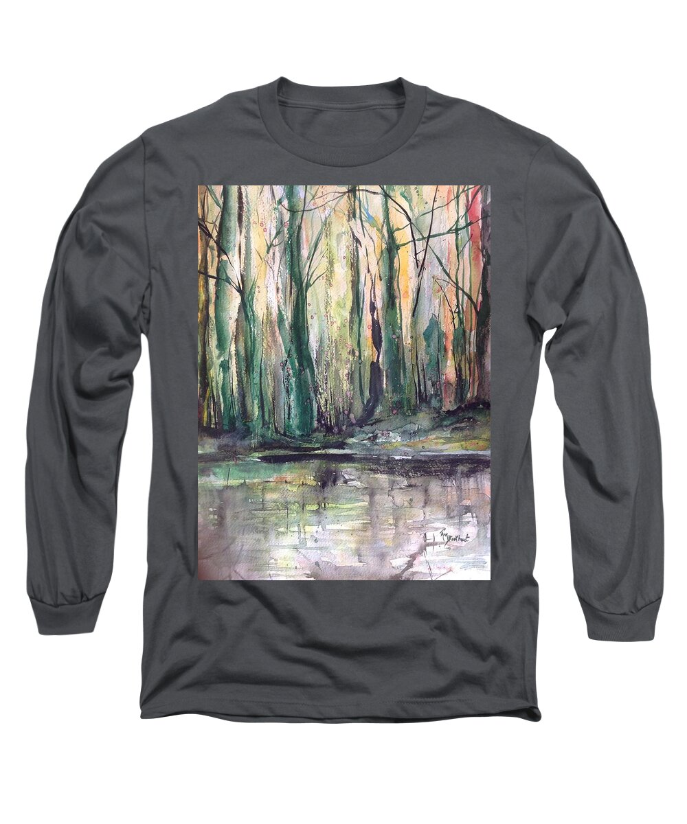 Trees Long Sleeve T-Shirt featuring the painting Hauntingly Eureka  Fall Trees at Night Edge by Robin Miller-Bookhout