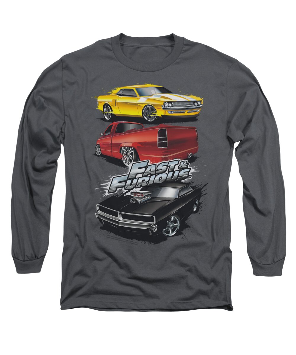 Fast And The Furious Long Sleeve T-Shirt featuring the digital art Fast And The Furious - Muscle Car Splatter by Brand A