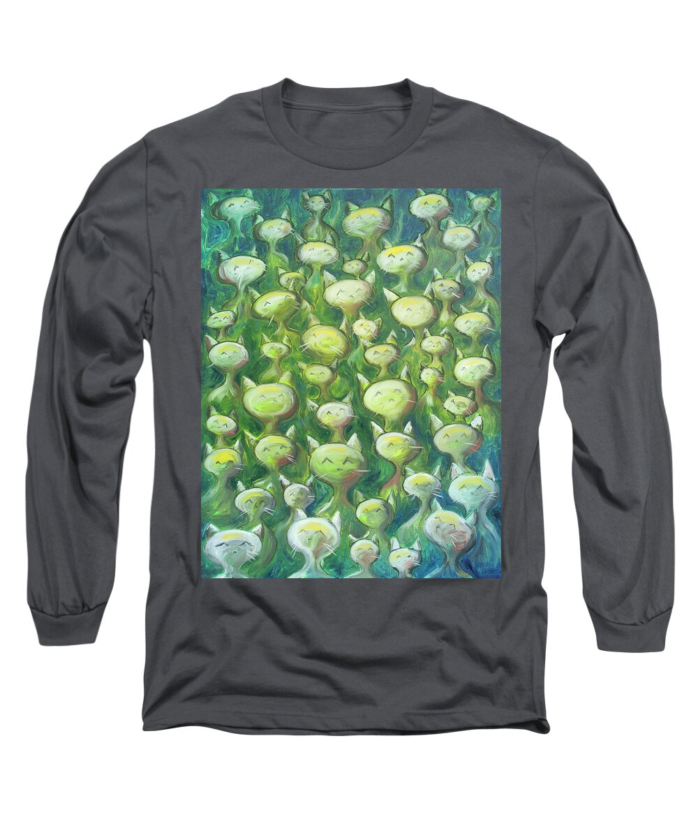 Cats Long Sleeve T-Shirt featuring the painting Field Of Cats by Nik Helbig