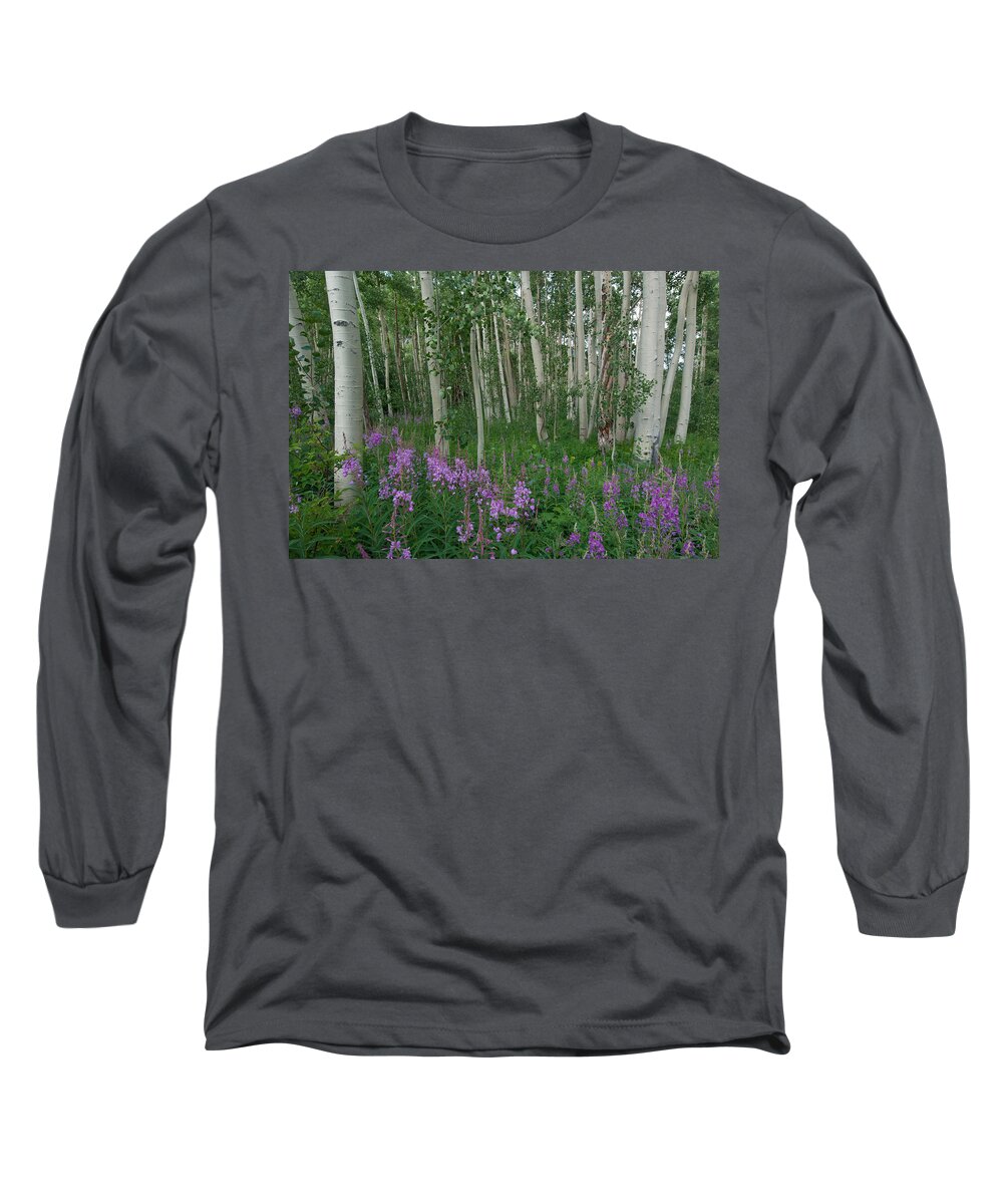 Forest Long Sleeve T-Shirt featuring the photograph Fireweed and Aspen by Cascade Colors