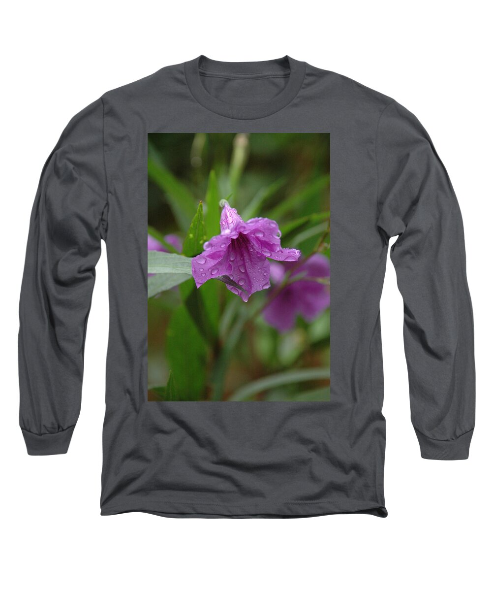 Rain On Purple Petunias Long Sleeve T-Shirt featuring the photograph Flower Bath by Pamela Smale Williams