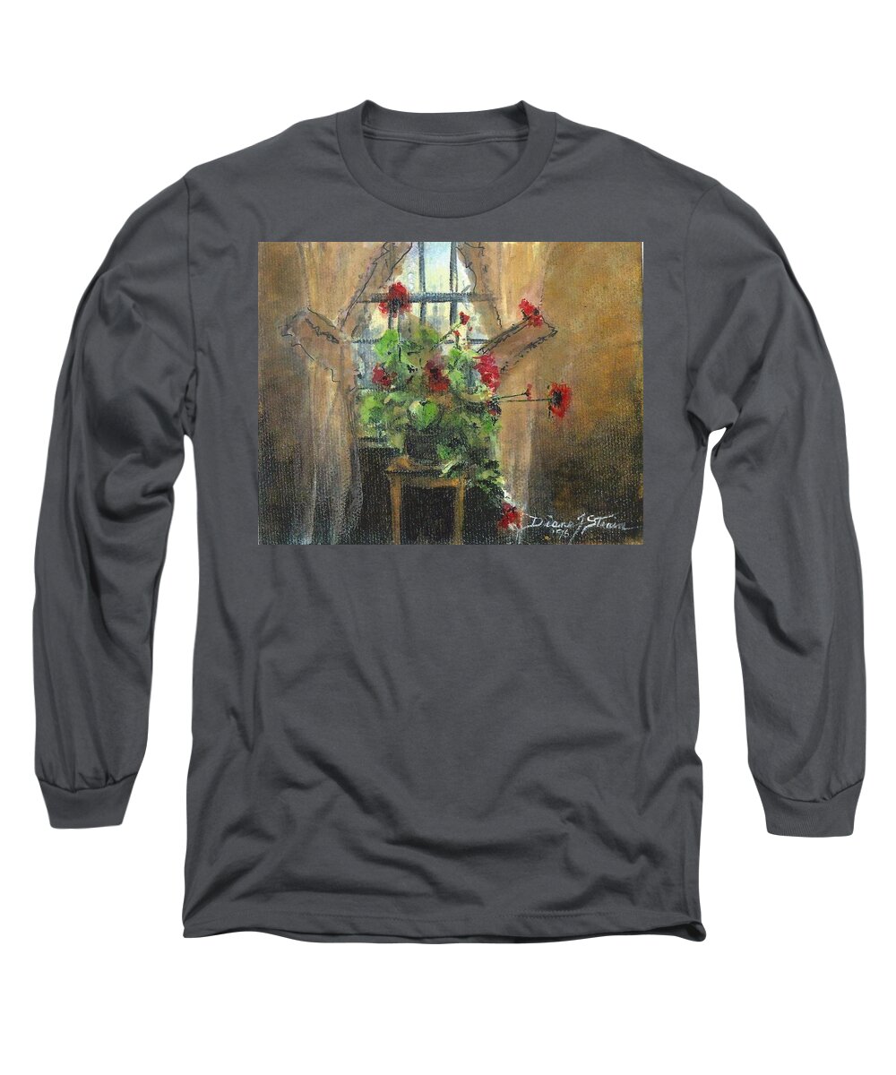 Curtain Long Sleeve T-Shirt featuring the painting Flowers by the Window by Diane Strain