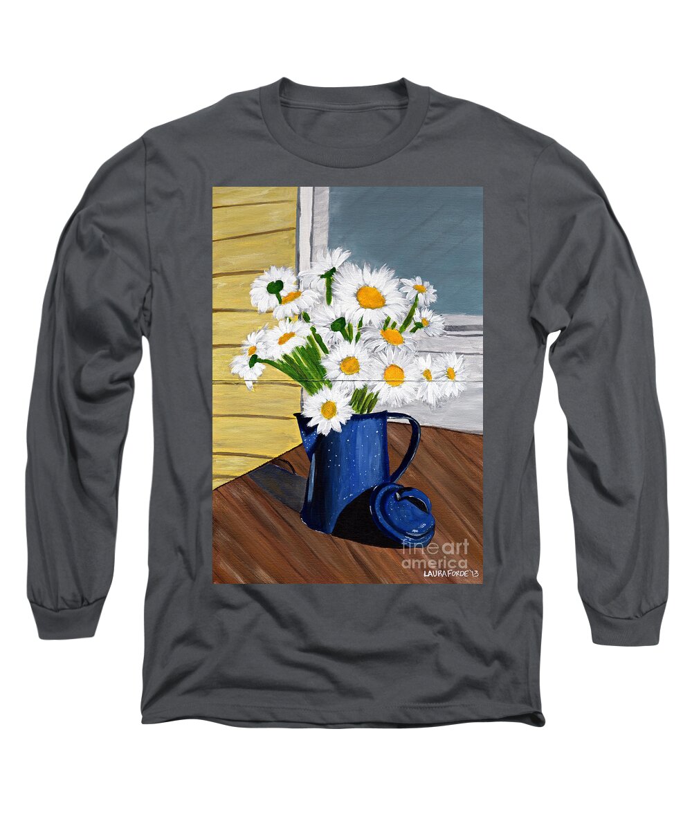 Flowers Long Sleeve T-Shirt featuring the painting Flowers in a teapot by Laura Forde