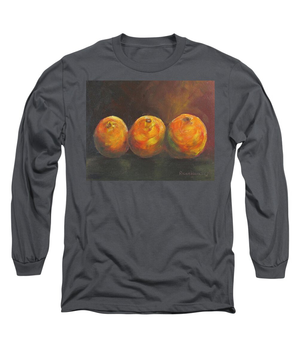 Oranges Long Sleeve T-Shirt featuring the painting For the love of three oranges by Susan Richardson