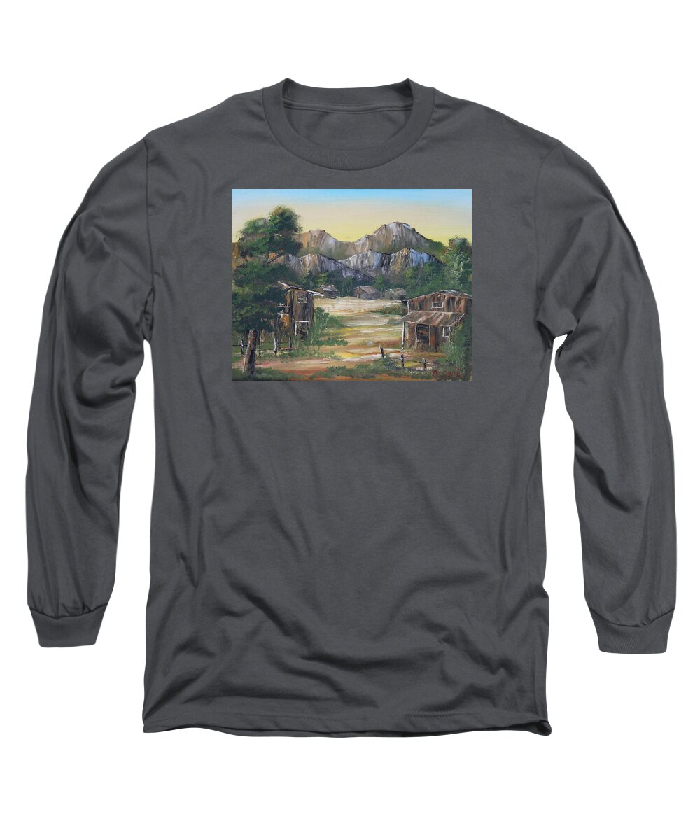 Nipa Hut Long Sleeve T-Shirt featuring the painting Forgotten Village by Remegio Onia