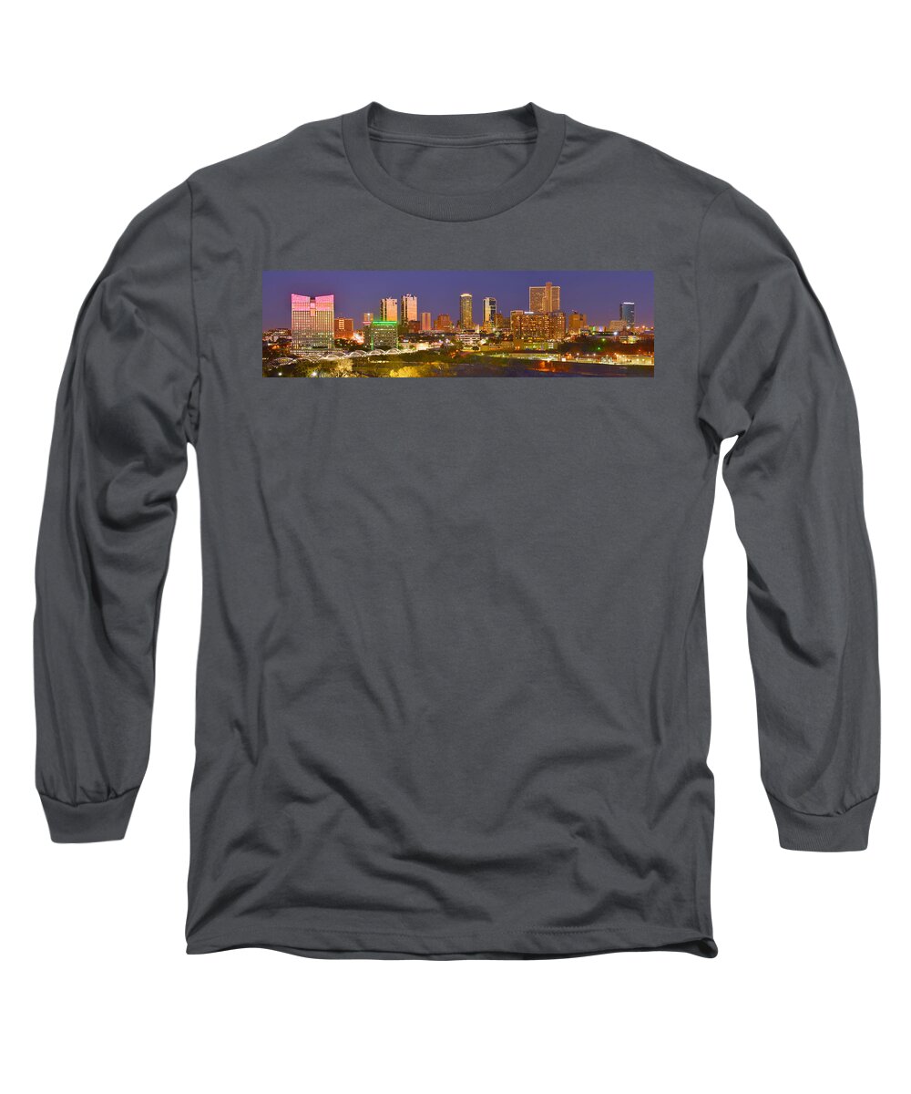 Fort Worth Skyline Long Sleeve T-Shirt featuring the photograph Fort Worth Skyline at Night Color Evening Panorama Ft. Worth Texas by Jon Holiday