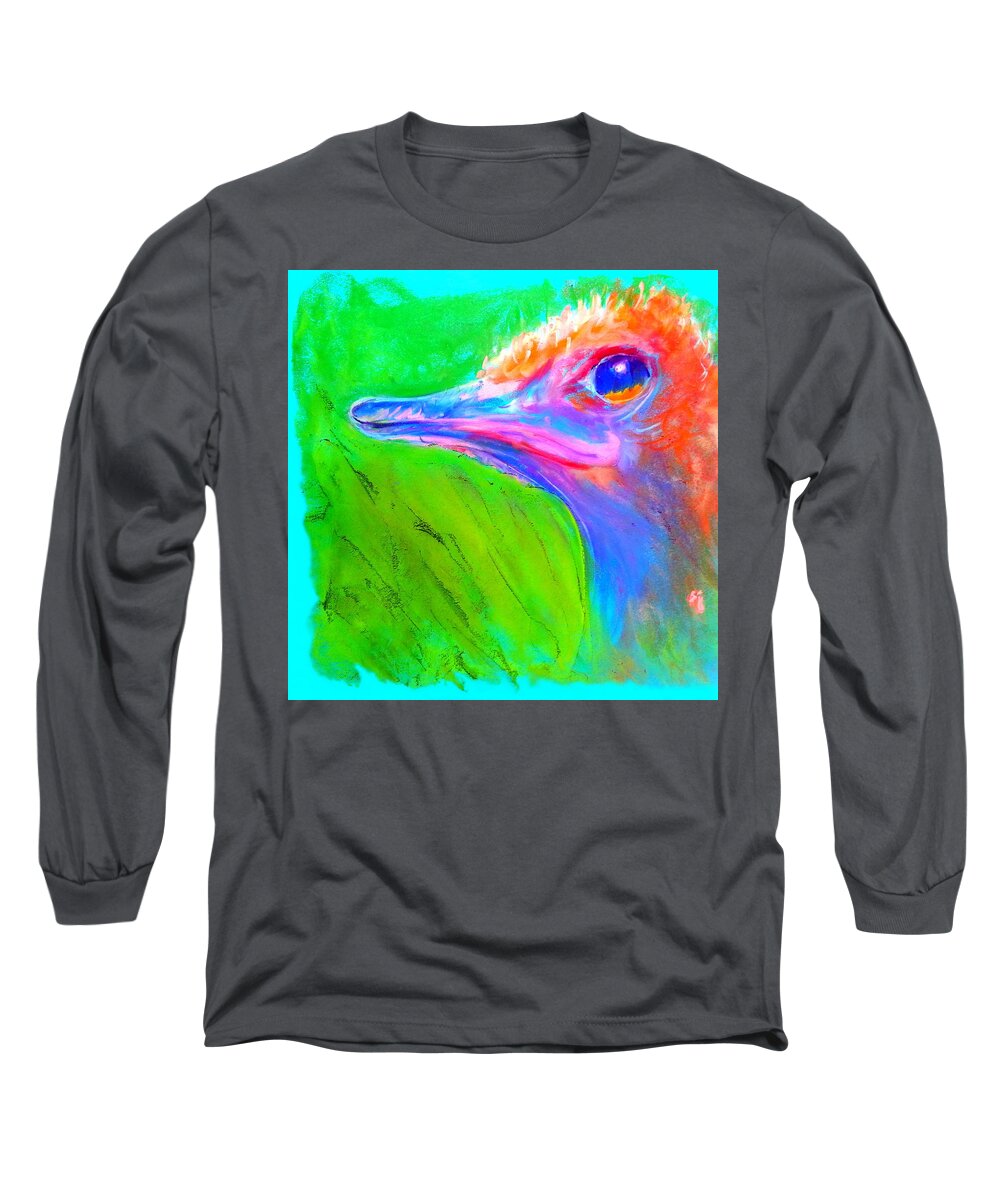 Ostrich Long Sleeve T-Shirt featuring the painting Funky Ostrich Profile by Sue Jacobi