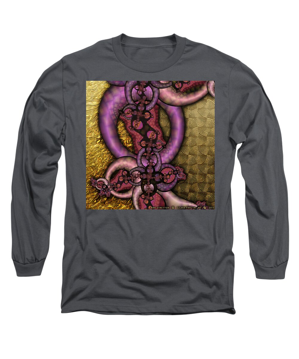 Pink Long Sleeve T-Shirt featuring the digital art Gilded Fractal 9 by Ann Stretton
