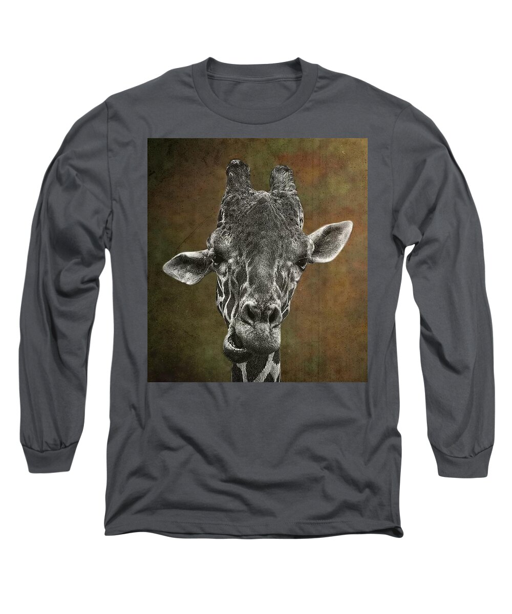 Giraffe Long Sleeve T-Shirt featuring the photograph Grungy Giraffe 5654 brown by Rudy Umans