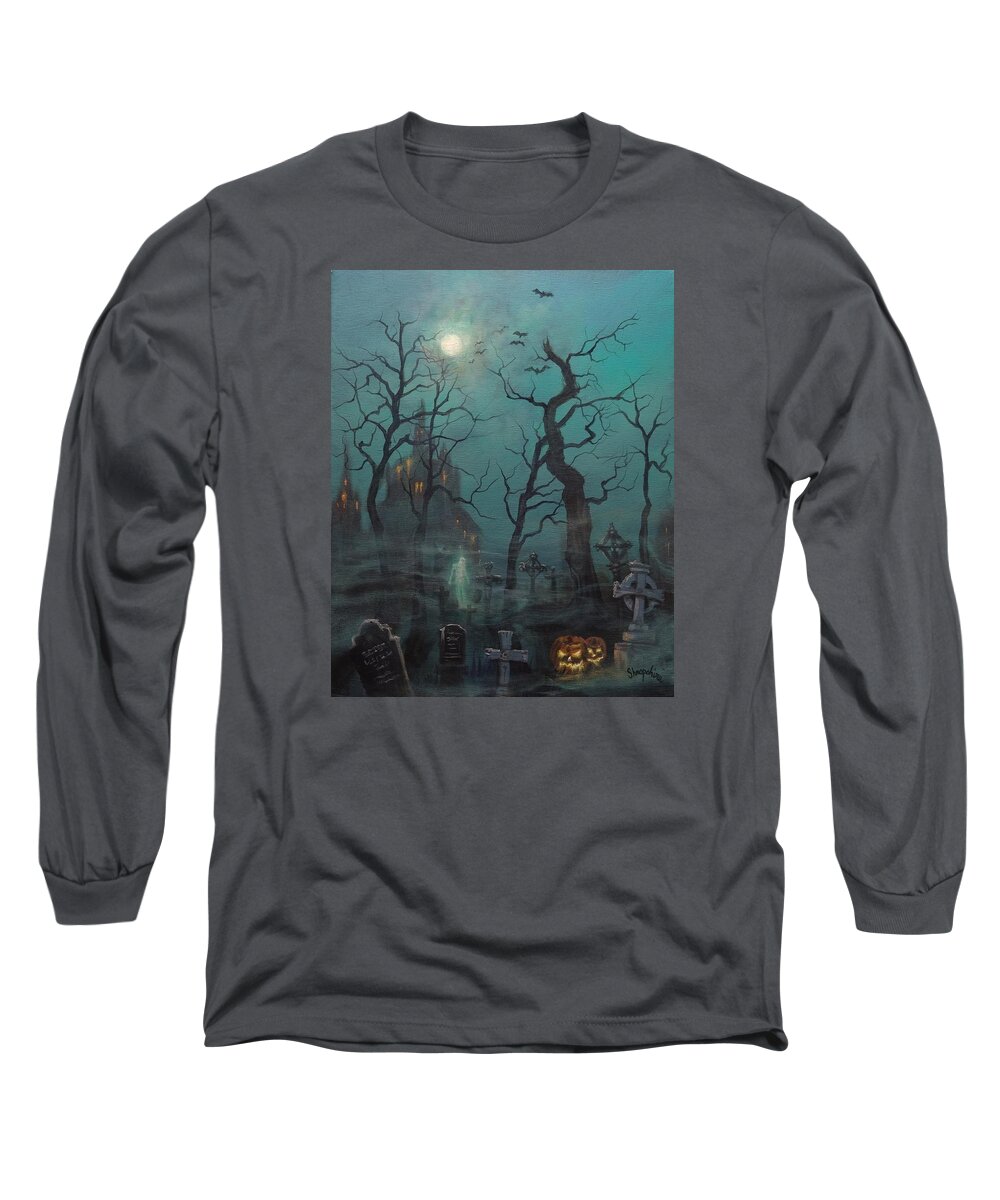  Cemetery Long Sleeve T-Shirt featuring the painting Halloween Ghost by Tom Shropshire