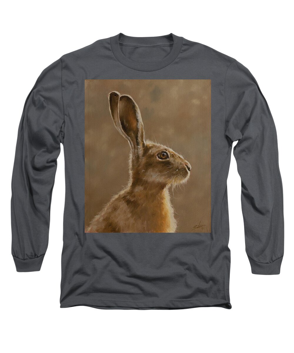 Hare Long Sleeve T-Shirt featuring the painting Hare Portrait I by John Silver