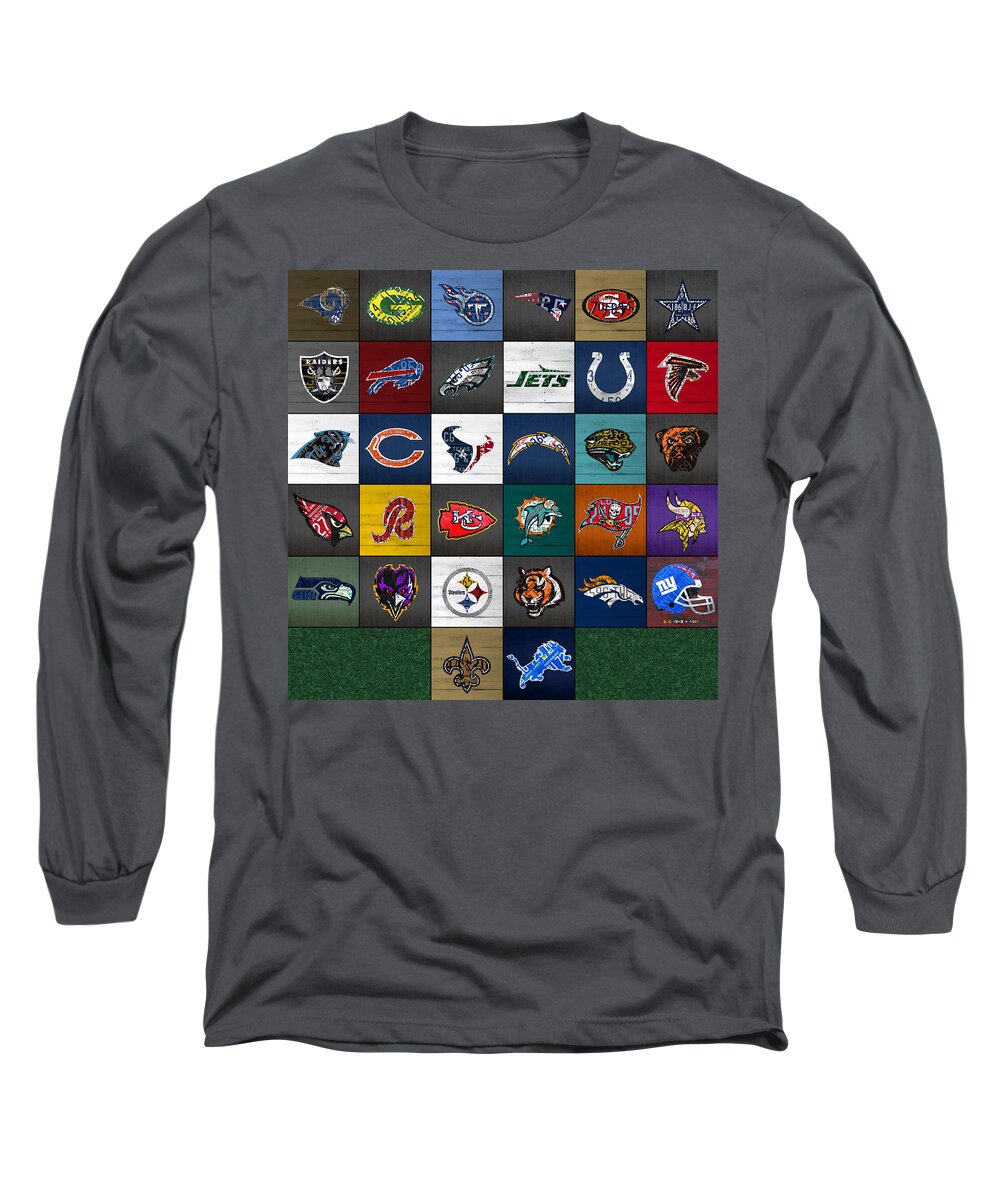 Hit Long Sleeve T-Shirt featuring the mixed media Hit the Gridiron Football League Retro Team Logos Recycled Vintage License Plate Art by Design Turnpike