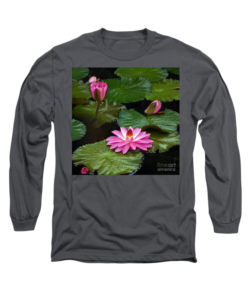 Hot Pink Long Sleeve T-Shirt featuring the photograph Hot Pink And Green Tropical Waterlilies by Byron Varvarigos