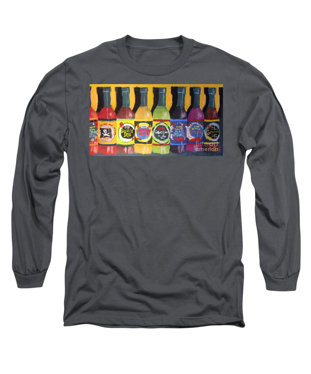 #hotsauce Long Sleeve T-Shirt featuring the painting Hot Shelf by Francois Lamothe