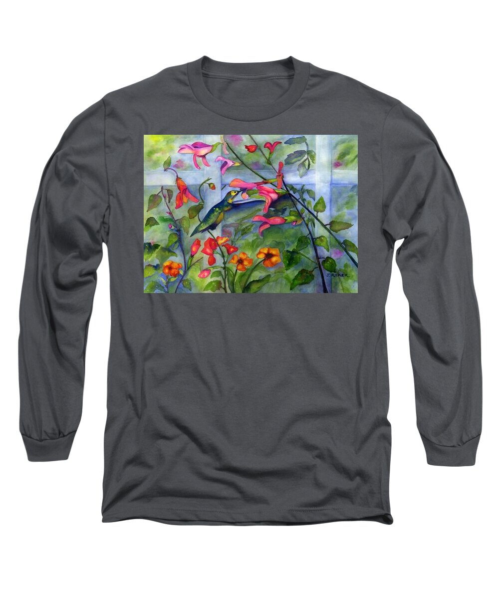 Birds. Hummingbird Long Sleeve T-Shirt featuring the painting Hummingbird Dance by Jane Ricker