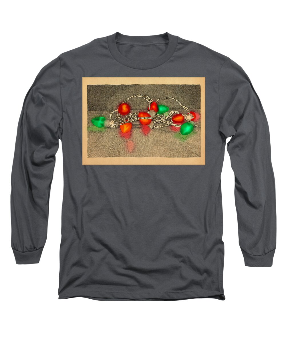 Lights Red Green Holiday Christmas Long Sleeve T-Shirt featuring the drawing Illumination Variation #4 by Meg Shearer
