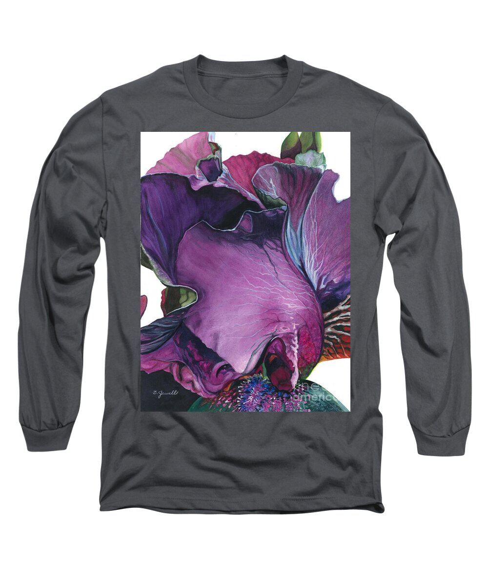 Flower Long Sleeve T-Shirt featuring the painting Iris- Unfolding Drama by Barbara Jewell