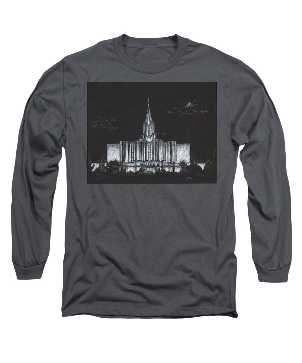 Jordan River Long Sleeve T-Shirt featuring the drawing Jordan River Utah LDS Temple by Pris Hardy