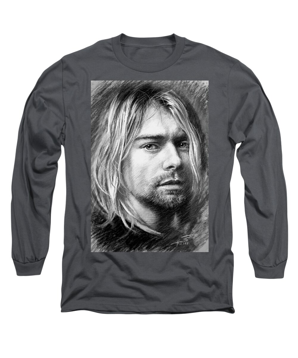 Kurt Cobain Long Sleeve T-Shirt featuring the drawing Kurt Cobain by Viola El