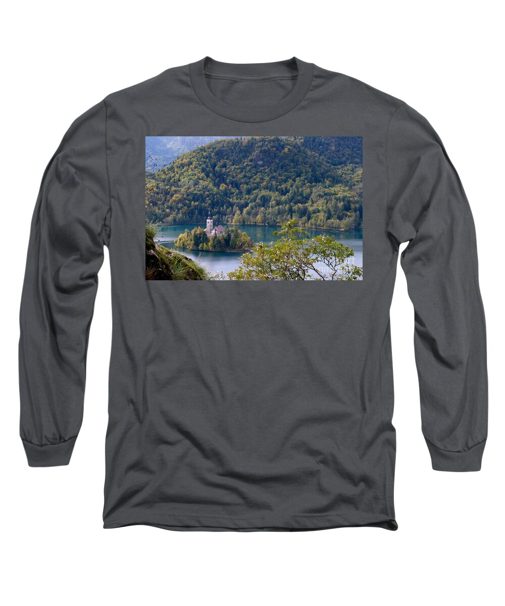 Lake Bled Long Sleeve T-Shirt featuring the photograph Lake Bled Island - Slovenia by Phil Banks