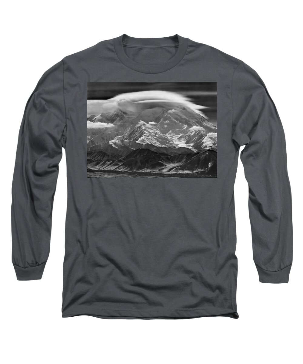 Telephoto Long Sleeve T-Shirt featuring the photograph 101366-Lenticular Cloudcap over Mt. Mckinley by Ed Cooper Photography