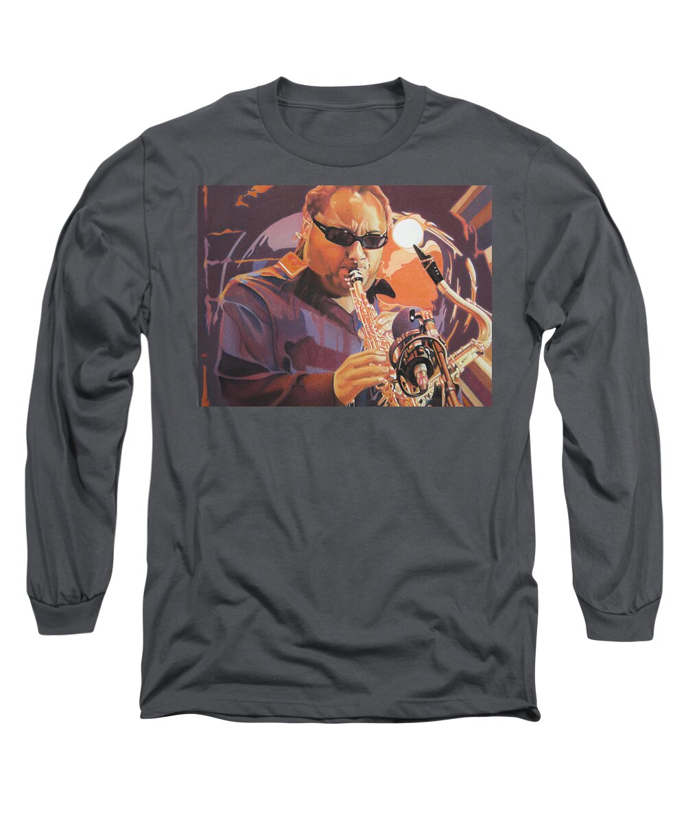 Leroi Moore Long Sleeve T-Shirt featuring the drawing Leroi Moore Purple and Orange by Joshua Morton