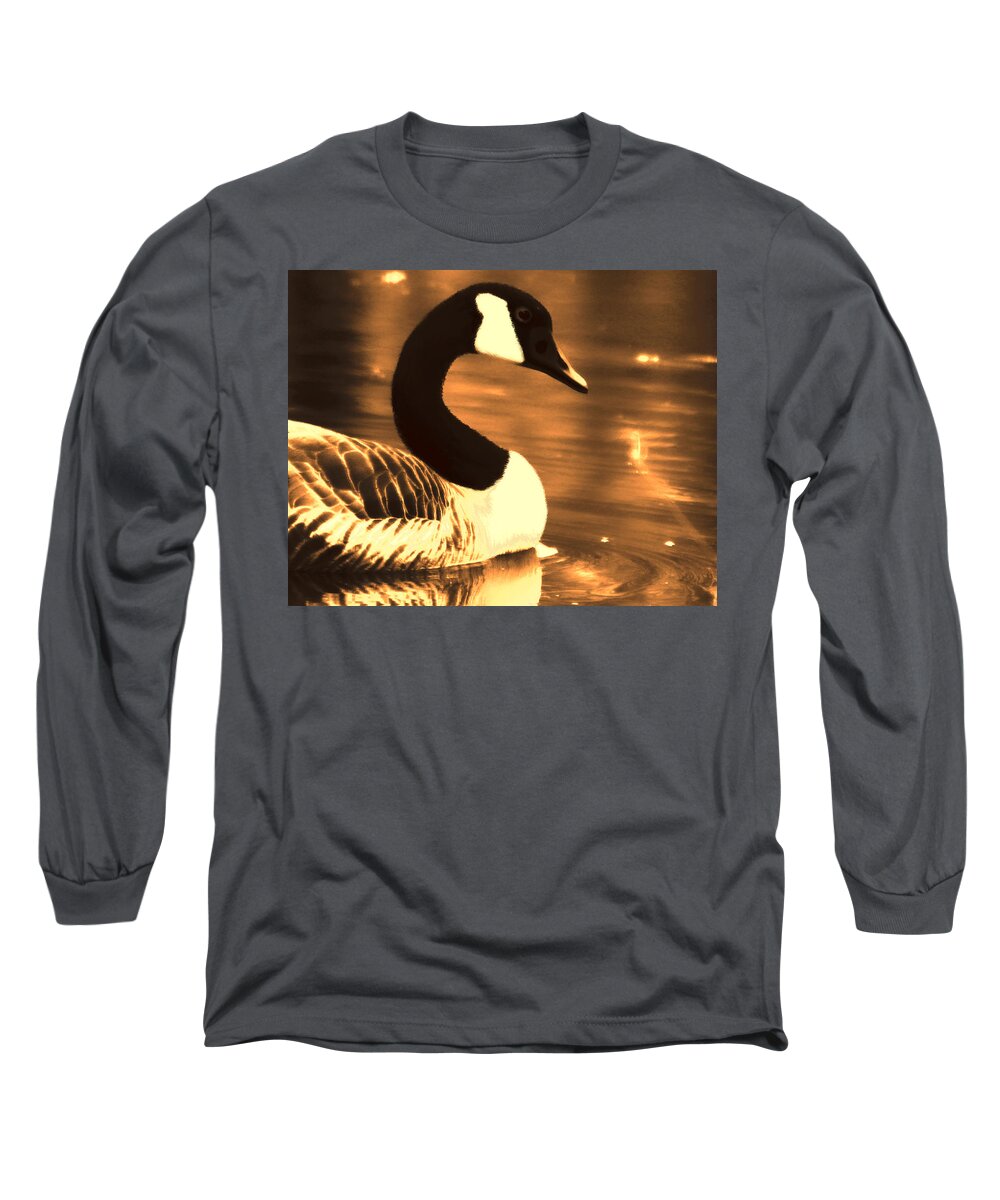 Canadian Goose Long Sleeve T-Shirt featuring the photograph Lila Goose the Pond Queen Sepia by Lesa Fine
