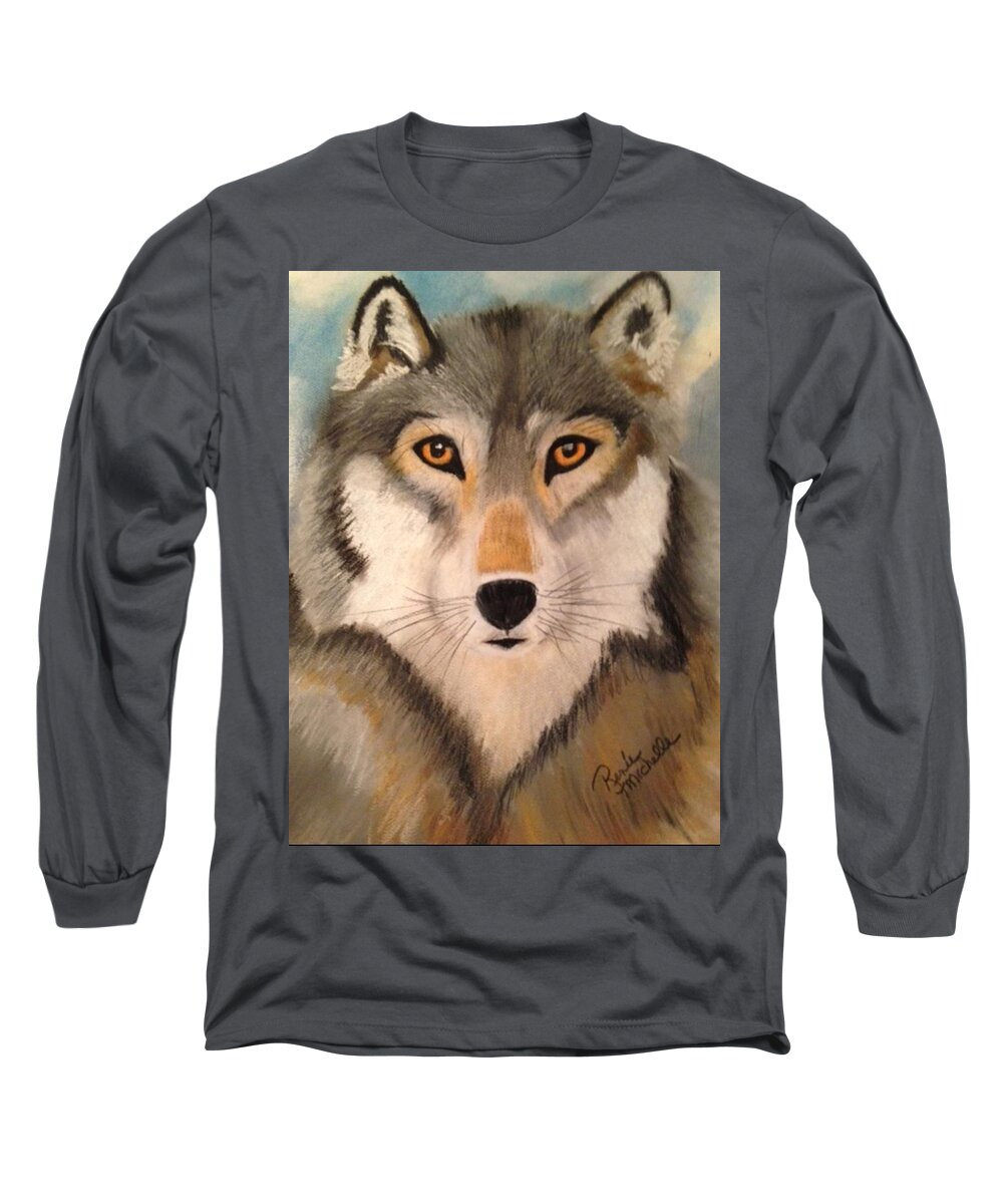 Wolf Long Sleeve T-Shirt featuring the pastel Looking at a Timber Wolf by Renee Michelle Wenker