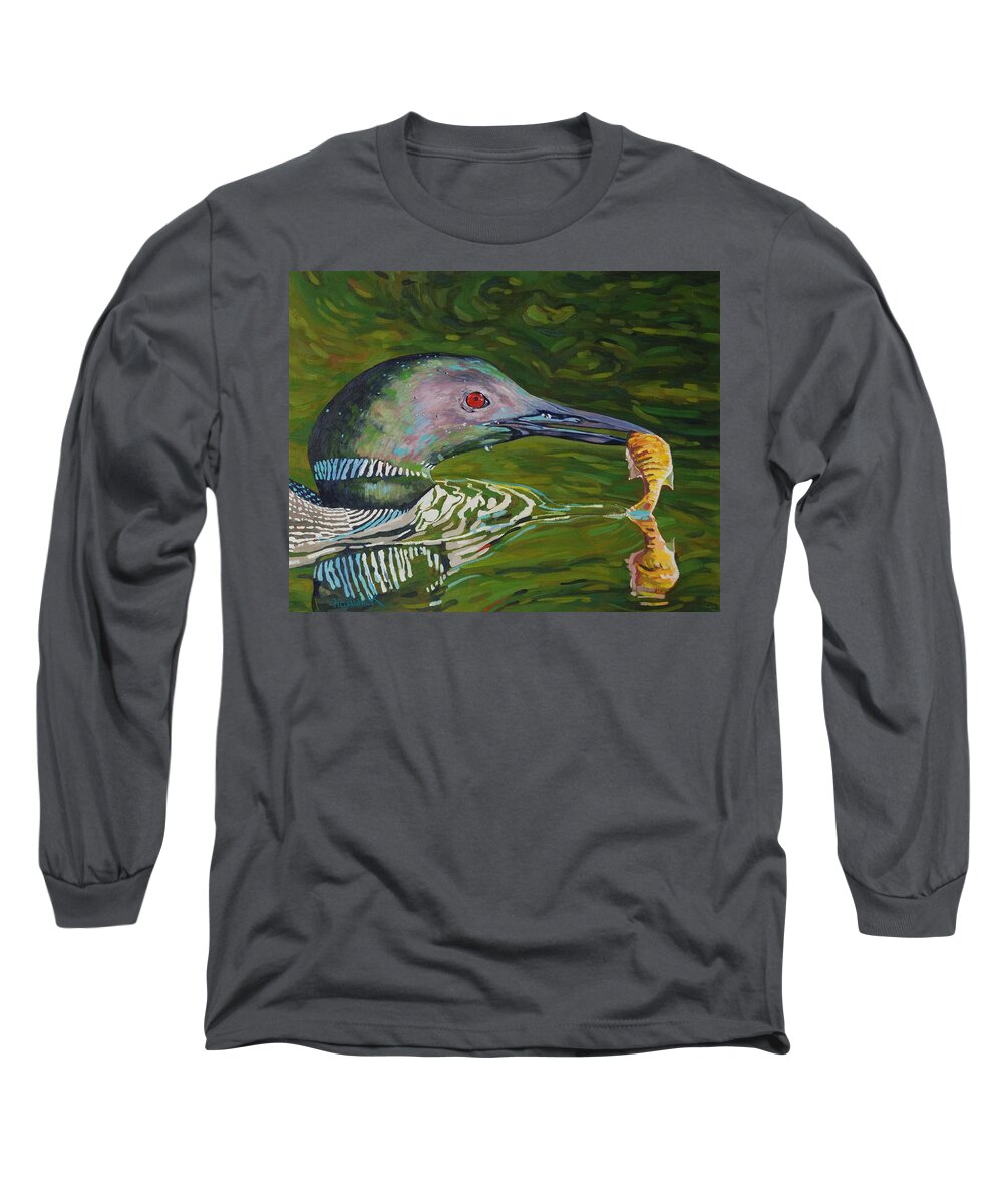 Chadwick Long Sleeve T-Shirt featuring the painting Loon Lunch by Phil Chadwick