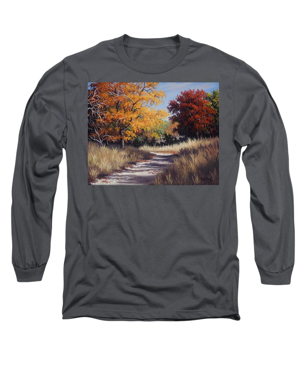 Autumn Landscapes Long Sleeve T-Shirt featuring the painting Lost Maples Trail by Kyle Wood