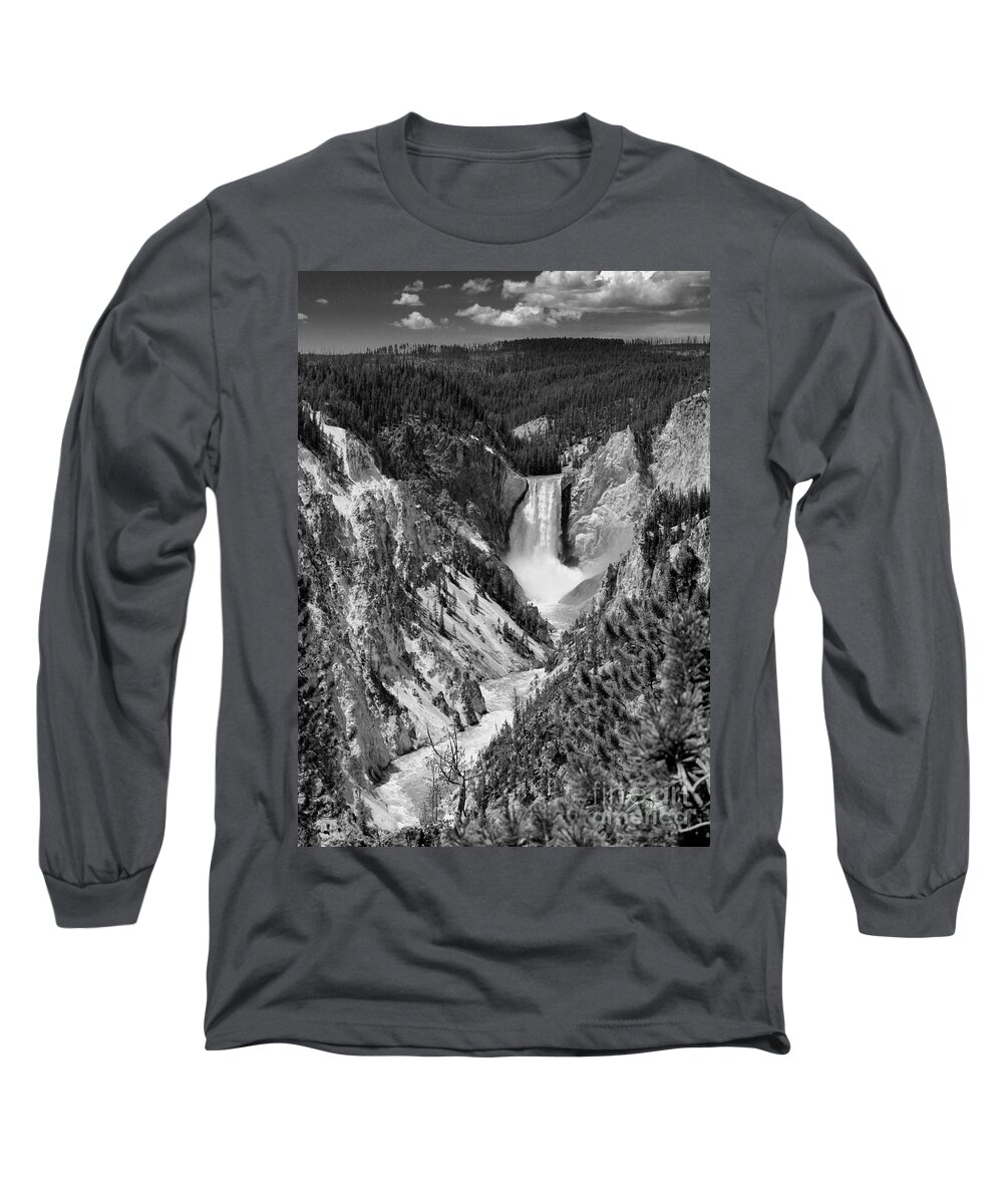 Waterfall Long Sleeve T-Shirt featuring the photograph Lower Falls of Yellowstone B W by Jemmy Archer