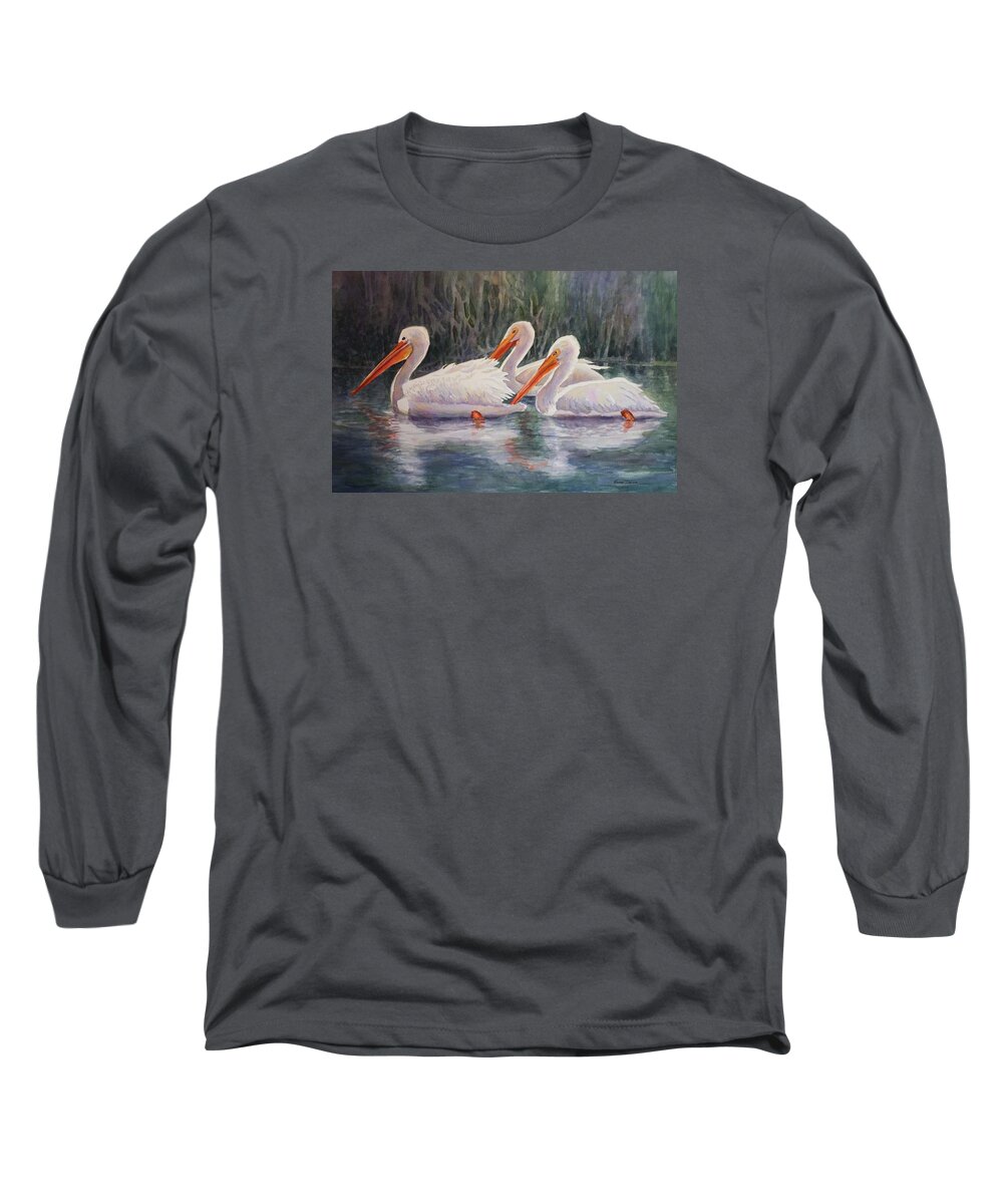 White Pelicans Long Sleeve T-Shirt featuring the painting Luminous White Pelicans by Roxanne Tobaison