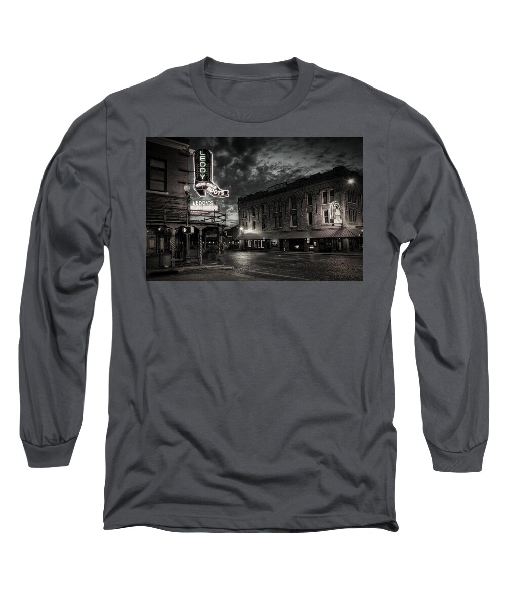 Fort Worth Long Sleeve T-Shirt featuring the photograph Main and Exchange BW by Joan Carroll