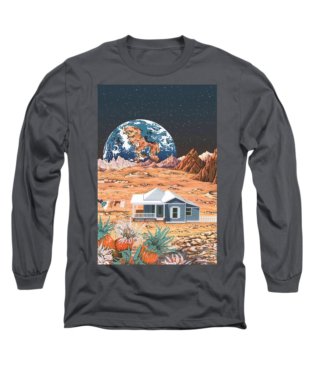 Outer Space Silkscreen Long Sleeve T-Shirt featuring the drawing Man on the Moon by Anne Gifford