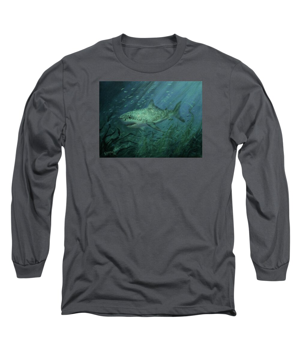 Shark Long Sleeve T-Shirt featuring the painting Megadolon Shark by Tom Shropshire
