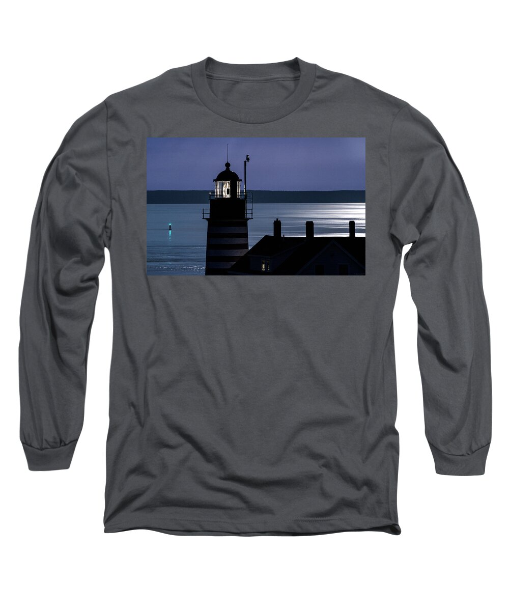 Midnight Moonlight On West Quoddy Head Lighthouse Long Sleeve T-Shirt featuring the photograph Midnight Moonlight on West Quoddy Head Lighthouse by Marty Saccone