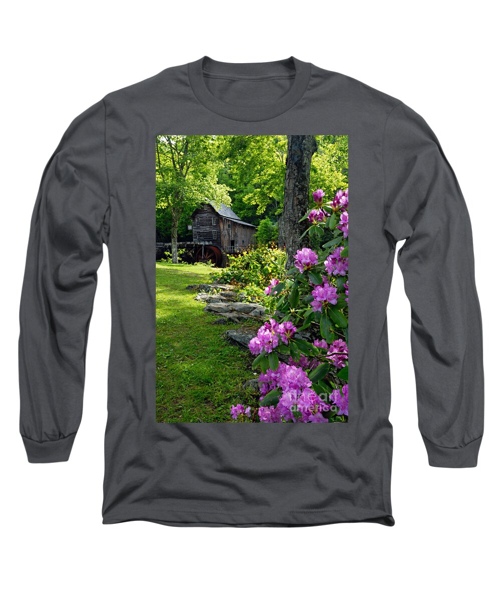 Photography Long Sleeve T-Shirt featuring the photograph Mill and Rhododendrons by Larry Ricker