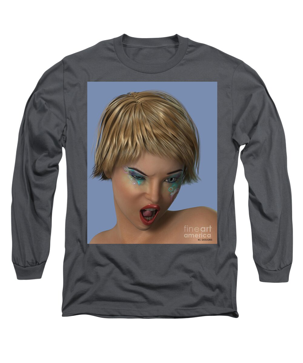 Pop Art Long Sleeve T-Shirt featuring the digital art Modern Girl lip curl by Vintage Collectables