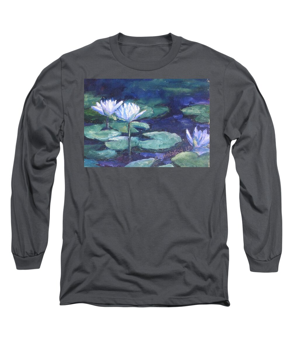 Water Lilies Long Sleeve T-Shirt featuring the painting Moonlit Lilies by Susan Richardson