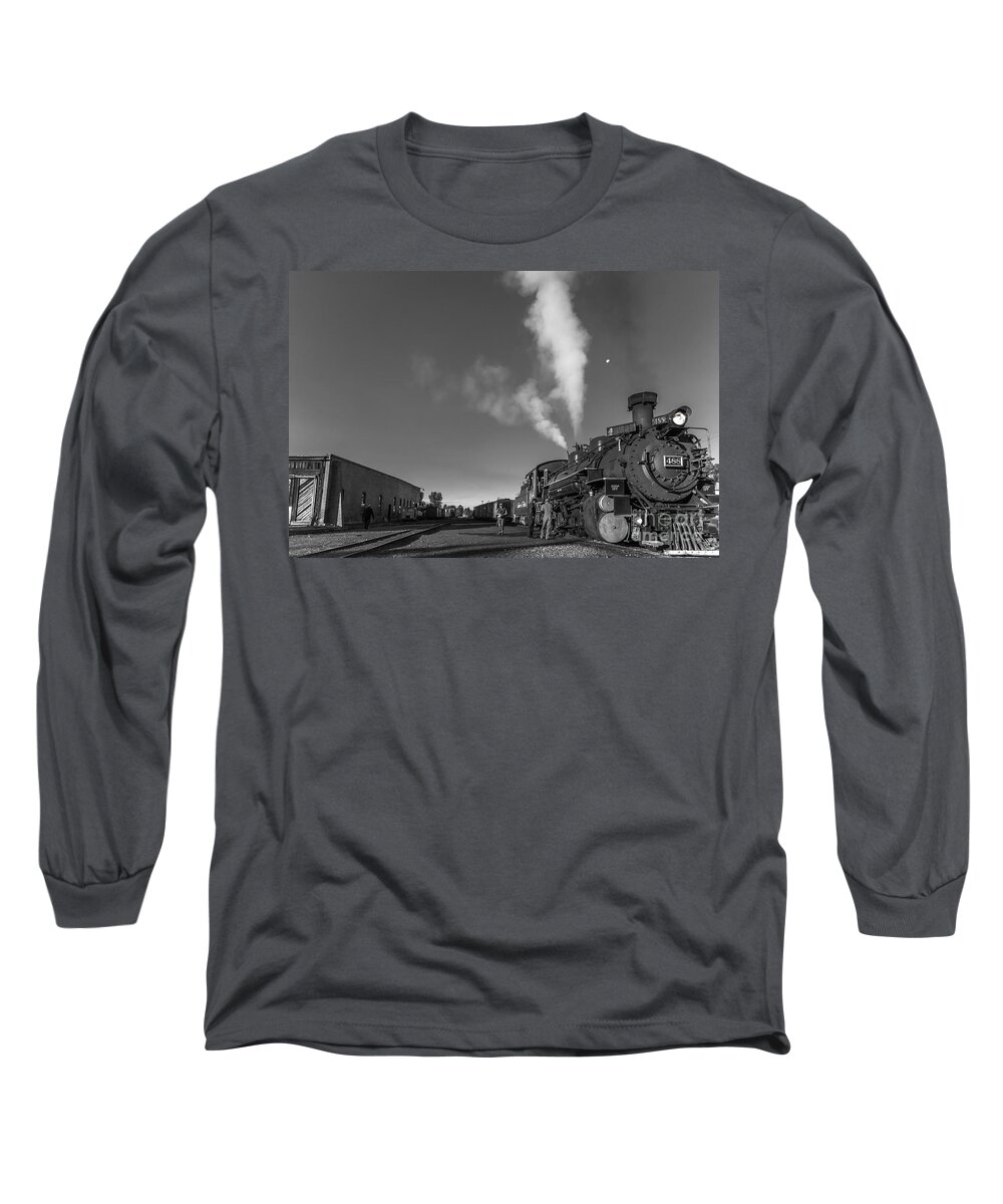Train Long Sleeve T-Shirt featuring the photograph Distant Moon At Train Yard by Robert Frederick